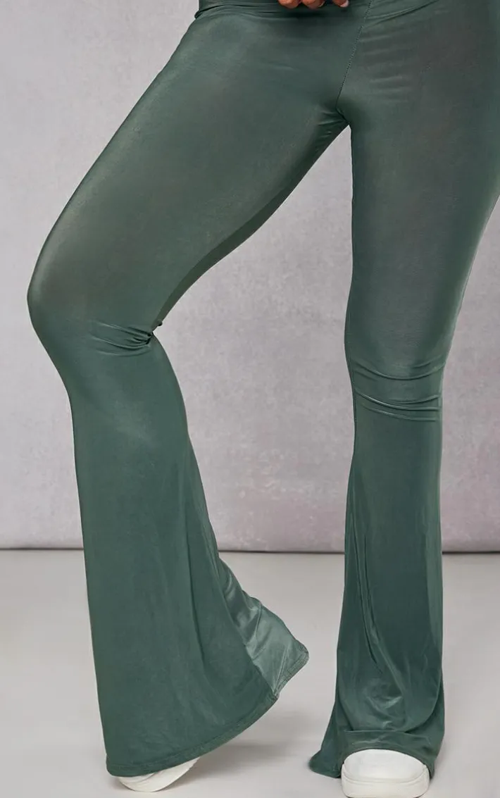 Khaki Slinky Low Rise Flared Pants