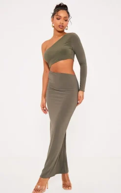 Khaki Slinky One Shoulder Cut Out Midaxi Dress