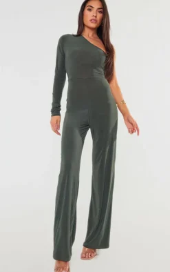 Khaki Slinky One Shoulder Flared Jumpsuit