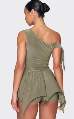 Khaki Slinky Tie Strap Rara Skort Romper