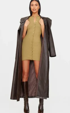 Khaki Soft Knit Button Through Mini Dress