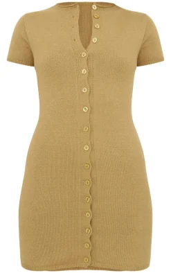 Khaki Soft Knit Button Through Mini Dress