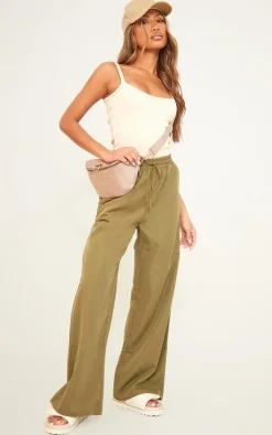 Khaki Soft Tailored Drawstring Waist Wide Leg Pants