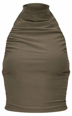 Khaki Soft Touch Ruched Halter Crop Top