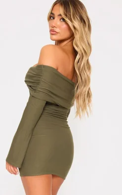 Khaki Soft Touch Twist Bardot Bodycon Dress