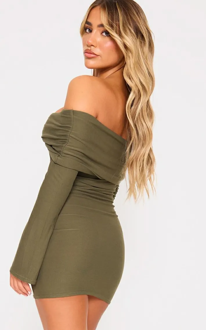 Khaki Soft Touch Twist Bardot Bodycon Dress