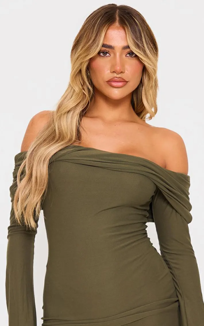 Khaki Soft Touch Twist Bardot Bodycon Dress