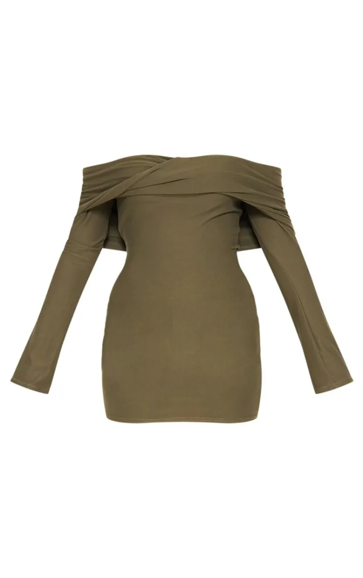 Khaki Soft Touch Twist Bardot Bodycon Dress