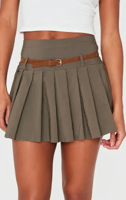 Khaki Stretch Woven Belt Detail Pleated Mini Skirt