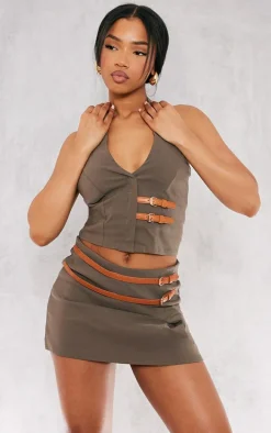 Khaki Stretch Woven Brown Belt Detail Skort