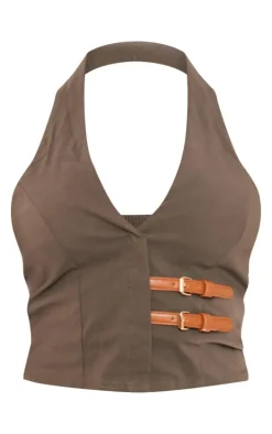 Khaki Stretch Woven Brown Belt Detail Vest