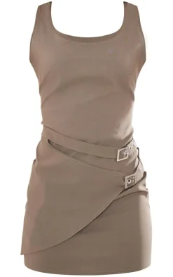 Khaki Stretch Woven Buckle Wrap Bodycon Dress