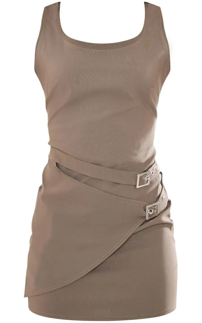 Khaki Stretch Woven Buckle Wrap Bodycon Dress