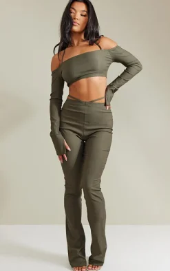 Khaki Stretch Woven Cut Out Detail Skinny Flared Pants