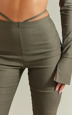 Khaki Stretch Woven Cut Out Detail Skinny Flared Pants