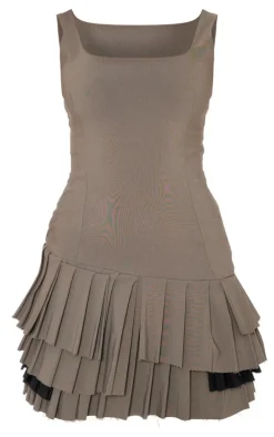 Khaki Stretch Woven Extreme Pleated Shift Dress