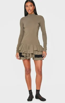 Khaki Stretch Woven Extreme Pleated Long Sleeve Shift Dress