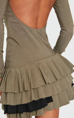 Khaki Stretch Woven Extreme Pleated Long Sleeve Shift Dress