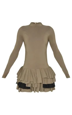 Khaki Stretch Woven Extreme Pleated Long Sleeve Shift Dress