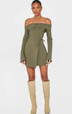 Khaki Stretch Woven Fold Bardot Wrap Dress