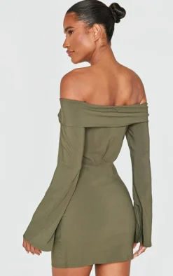 Khaki Stretch Woven Fold Bardot Wrap Dress
