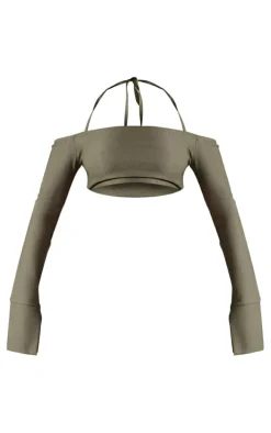 Khaki Stretch Woven Halterneck Bardot Crop Top