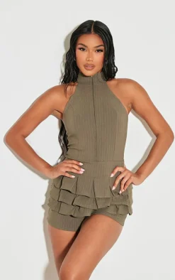 Khaki Stretch Woven High Neck Rara Skort Romper