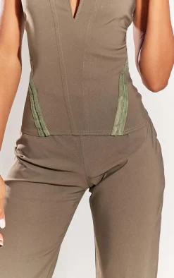 Khaki Stretch Woven Low Rise Straight Leg Pants