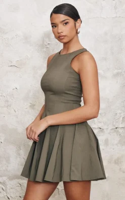 Khaki Stretch Woven Racer Pleated Shift Dress