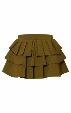 Khaki Stretch Woven Tiered Mini Skirt