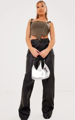 Khaki Stretch Woven Zip Side Hardware Detail Top