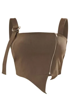 Khaki Stretch Woven Zip Side Hardware Detail Top