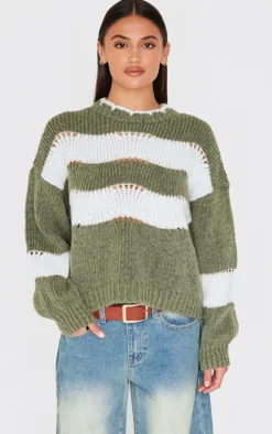 Khaki Stripe Distressed Detail Chunky Knit Sweater