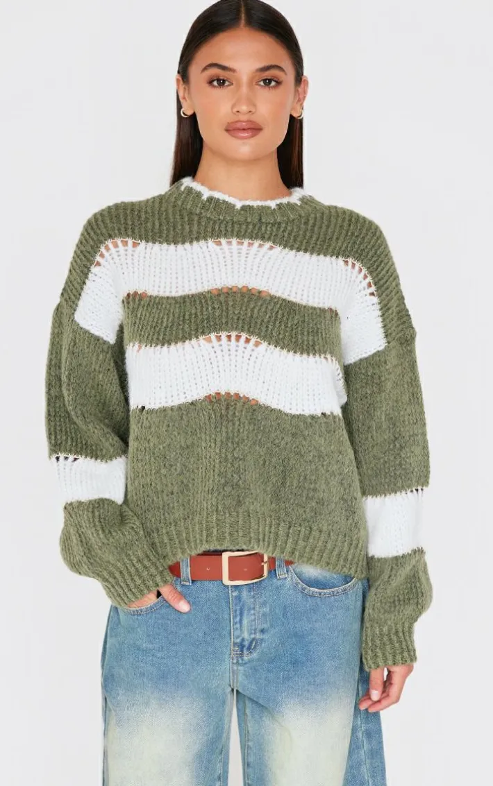Khaki Stripe Distressed Detail Chunky Knit Sweater