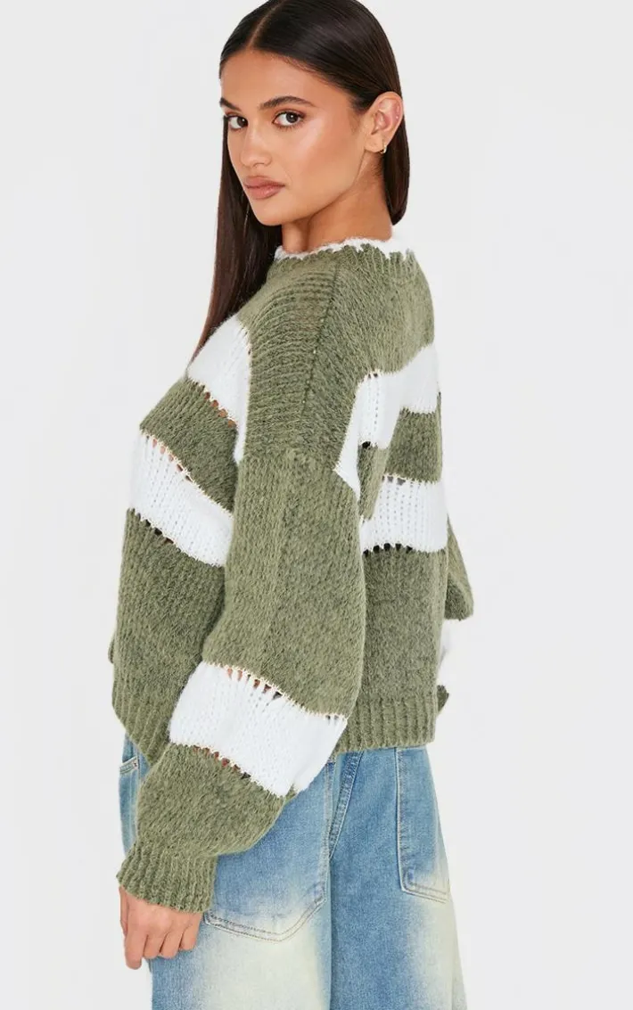 Khaki Stripe Distressed Detail Chunky Knit Sweater
