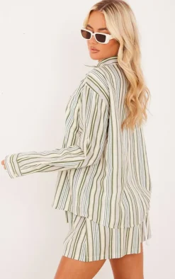 Khaki Stripe Linen Look Pocket Front Long Sleeve Oversized Shirt