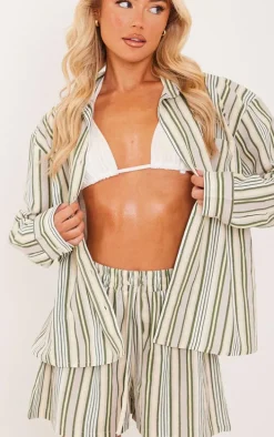 Khaki Stripe Linen Look Pocket Front Long Sleeve Oversized Shirt