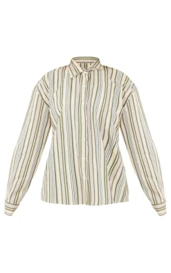 Khaki Stripe Linen Look Pocket Front Long Sleeve Oversized Shirt