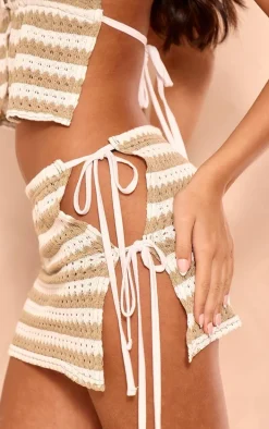 Khaki Stripe Textured Tie Side Mini Skirt