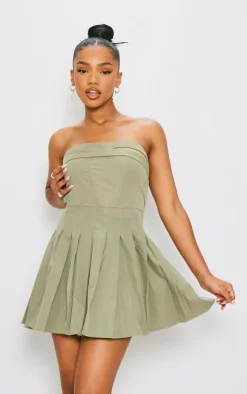 Khaki Tailored Bandeau Pleated Shift Dress