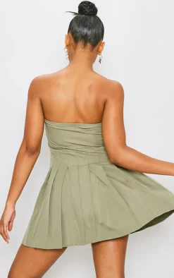 Khaki Tailored Bandeau Pleated Shift Dress
