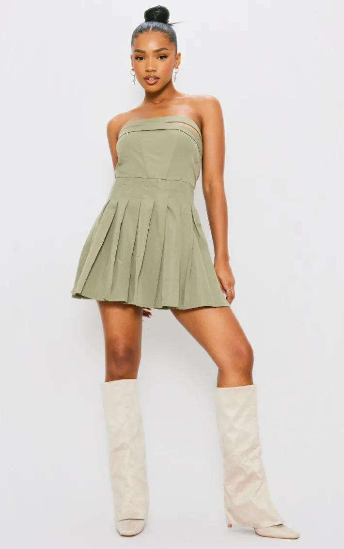 Khaki Tailored Bandeau Pleated Shift Dress