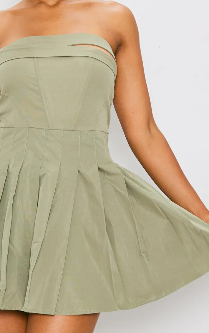 Khaki Tailored Bandeau Pleated Shift Dress