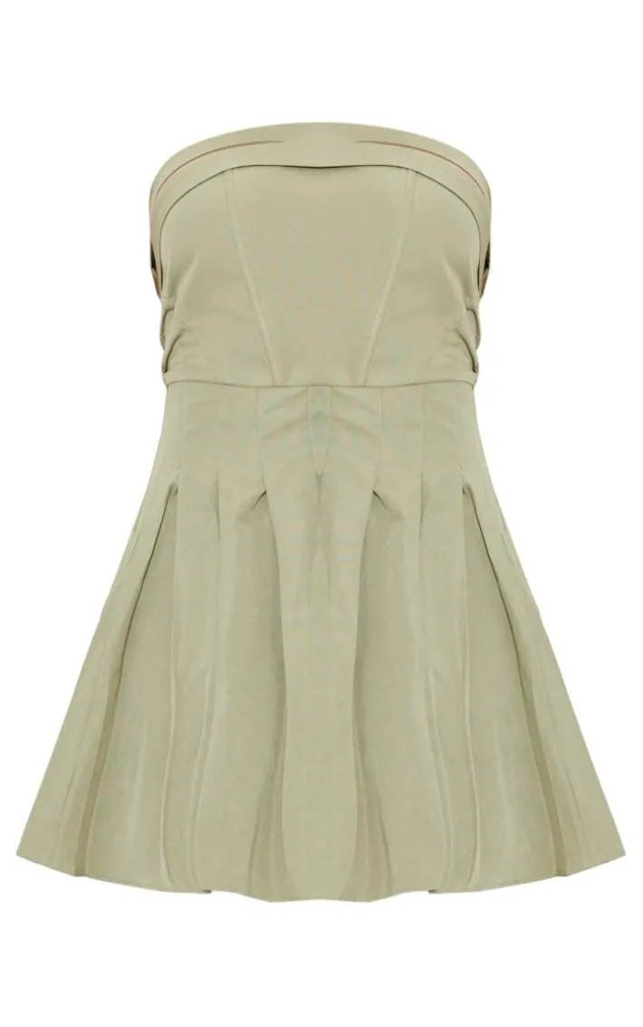 Khaki Tailored Bandeau Pleated Shift Dress