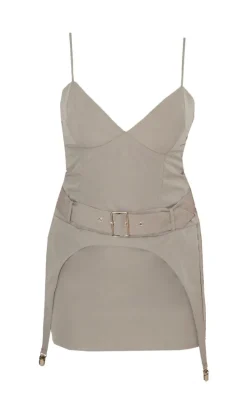 Khaki Tailored Woven Stirrup Detail Bodycon Dress