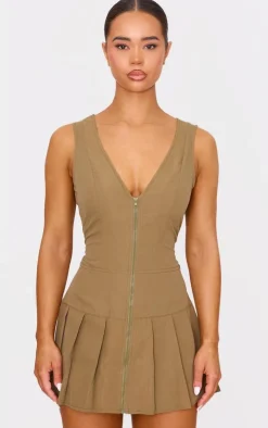 Khaki Tailored Woven Zip Pleated Shift Dress