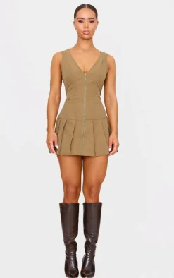 Khaki Tailored Woven Zip Pleated Shift Dress