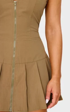 Khaki Tailored Woven Zip Pleated Shift Dress