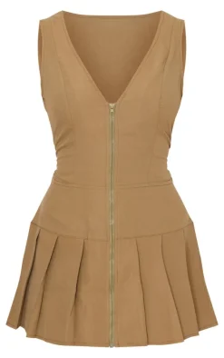 Khaki Tailored Woven Zip Pleated Shift Dress