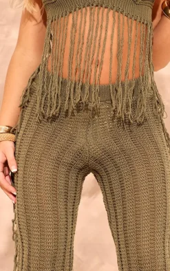Khaki Tassel Crochet Wide Leg Pants